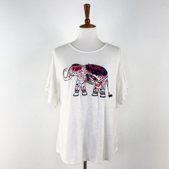 Ruby Rd. Tops - Ruby Rd. White Embroidered Elephant Flutter Sleeve